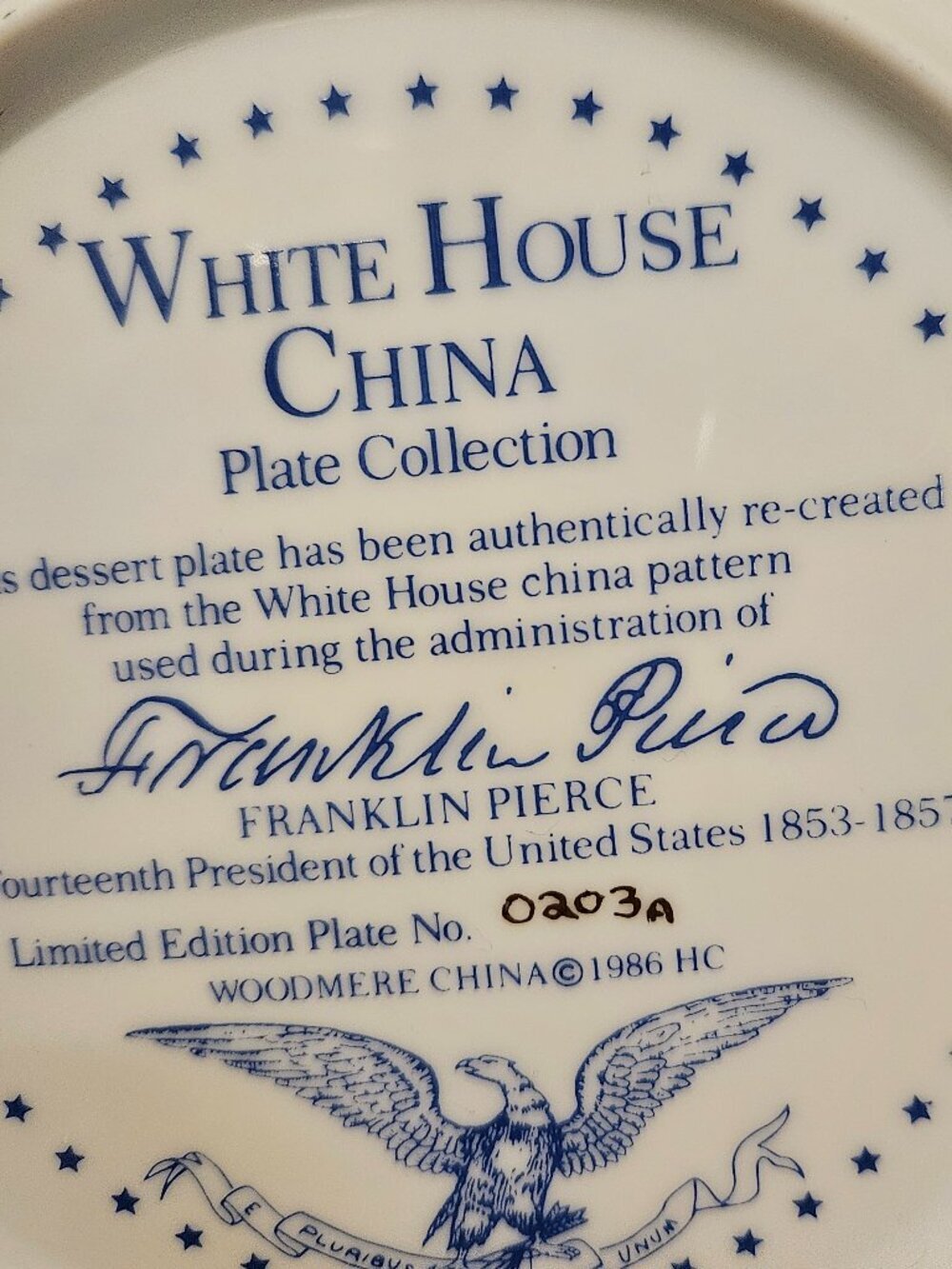 Vintage Woodmere China White House Collection Franklin Pierce Plate Ltd Ed 1986 - Picture 5 of 11